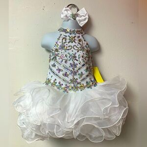 18/24 Months White Beaded High Neck Open Back Cupcake Pageant Dress & Bow NWT